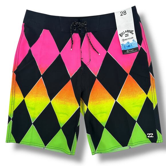 Billabong Sundays Pro 15" Neon Diamond Performance Board Shorts Boys Sz 28 XL - Picture 1 of 7